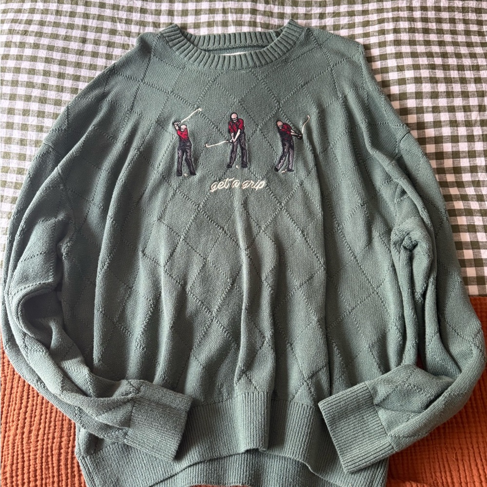 Hollister Green Crewneck Sweater with Golfer Embroidery